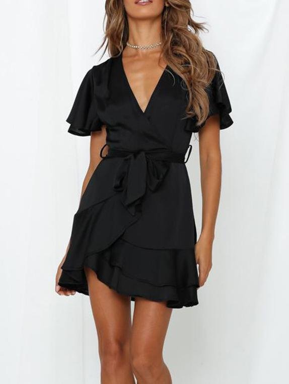 Satin Wrap V-Neck Flutter Sleeve Belt Tie Ruffle Hem Mini Dress 2