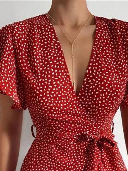 Satin Wrap V-Neck Flutter Sleeve Belt Tie Ruffle Hem Mini Dress 9