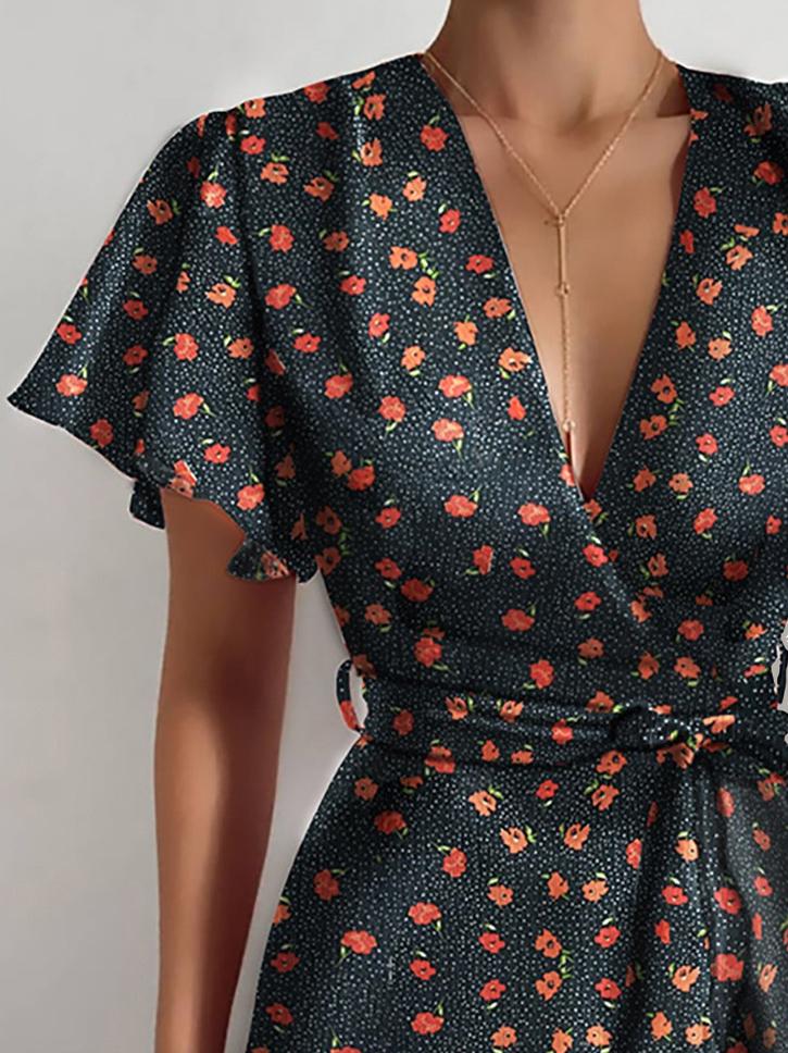 Satin Wrap V-Neck Flutter Sleeve Belt Tie Ruffle Hem Mini Dress 11