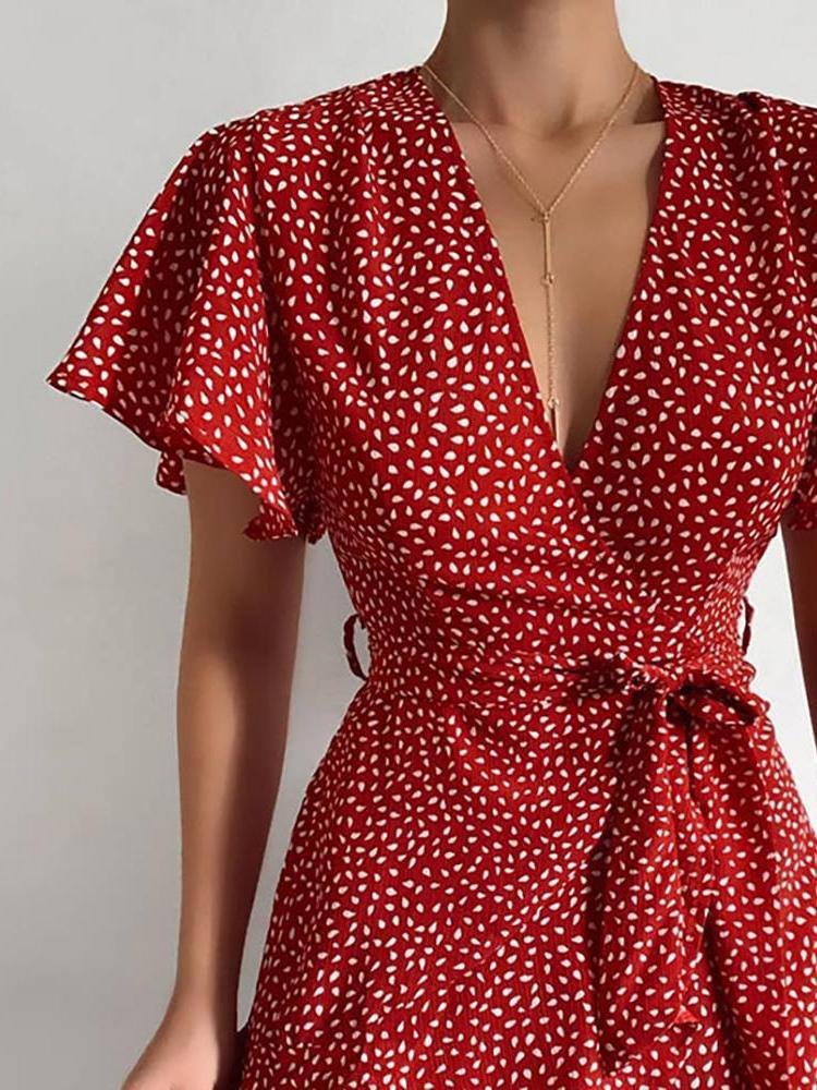 Satin Wrap V-Neck Flutter Sleeve Belt Tie Ruffle Hem Mini Dress 8