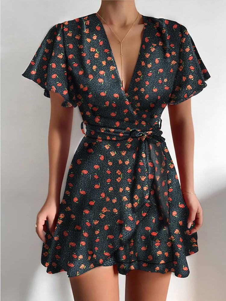 Satin Wrap V-Neck Flutter Sleeve Belt Tie Ruffle Hem Mini Dress 10