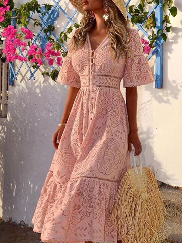 Lace V-Neck Button Front Bell Sleeve Hollow-Out Trim A-Line Midi Dress