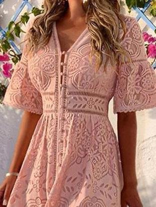 Lace V-Neck Button Front Bell Sleeve Hollow-Out Trim A-Line Midi Dress 2