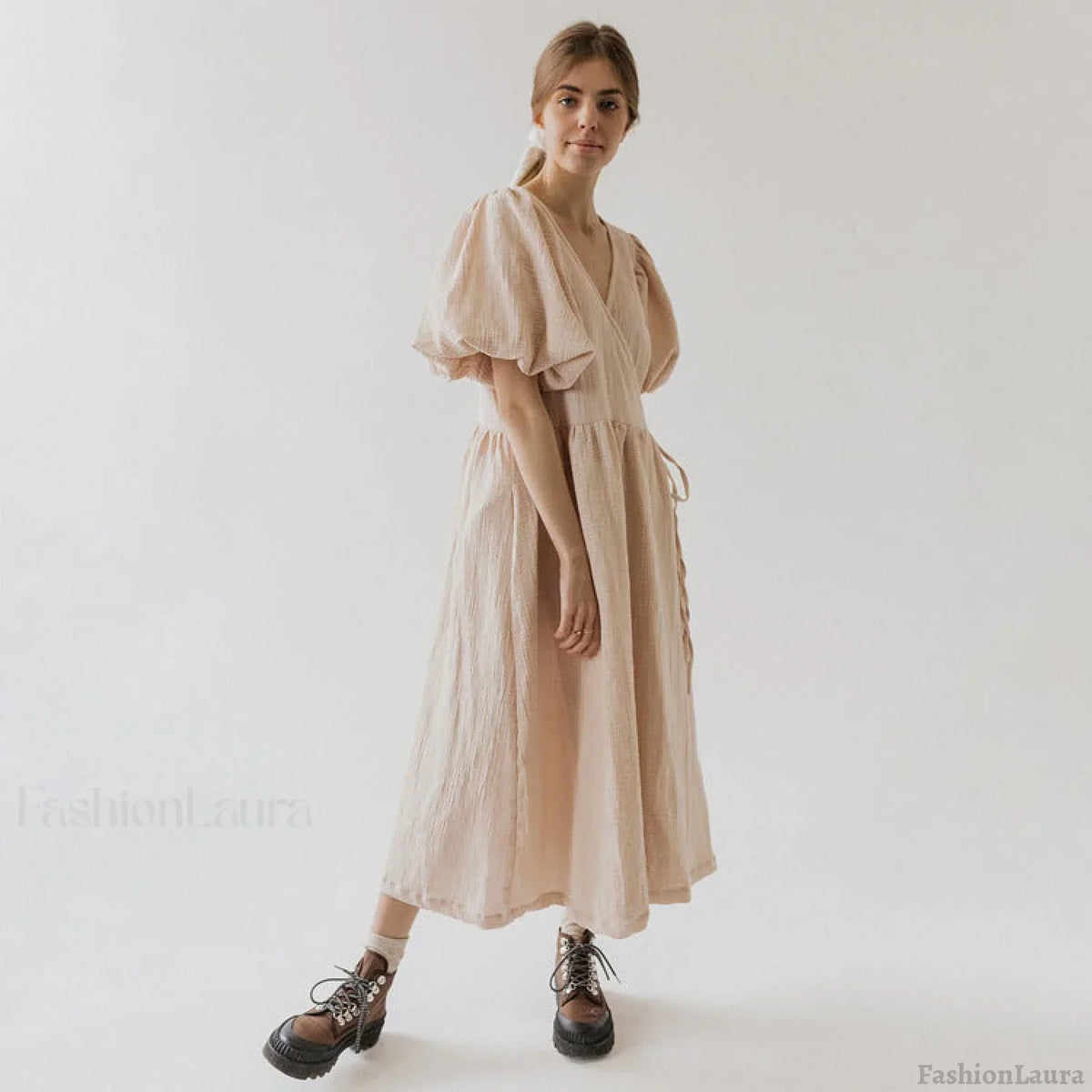 V-Neck Short Sleeve Lace-up Dress Dress