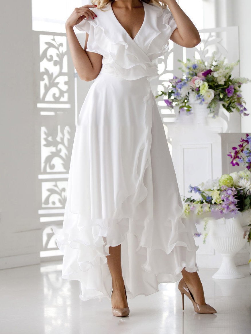 Chiffon Deep V-Neck Ruffle Trim Flutter Sleeve Wrap High Low Midi Dress 5