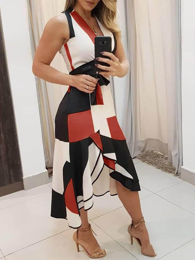 Deep V-Neck Tank Geometric Color Block Sash Tie Asymmetric Ruffle Hem Midi Dress 7