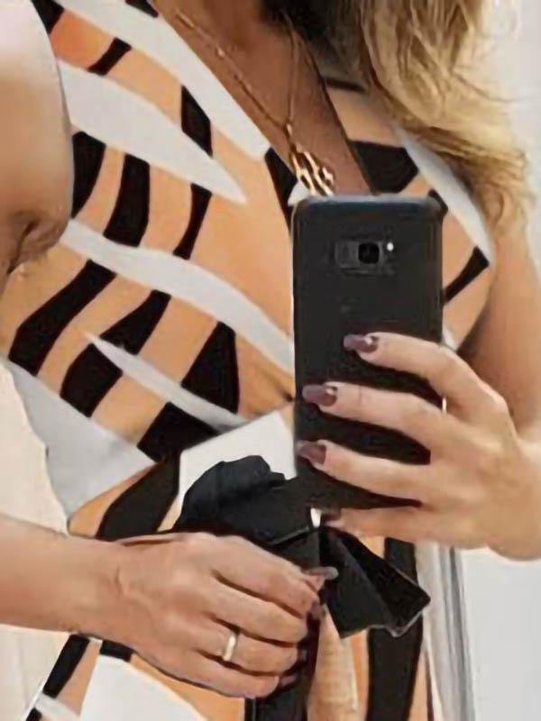 Deep V-Neck Tank Geometric Color Block Sash Tie Asymmetric Ruffle Hem Midi Dress 11