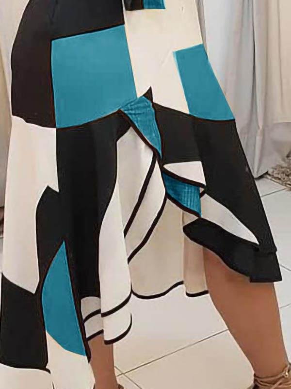 Deep V-Neck Tank Geometric Color Block Sash Tie Asymmetric Ruffle Hem Midi Dress 6