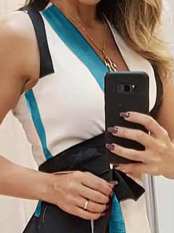 Deep V-Neck Tank Geometric Color Block Sash Tie Asymmetric Ruffle Hem Midi Dress 5