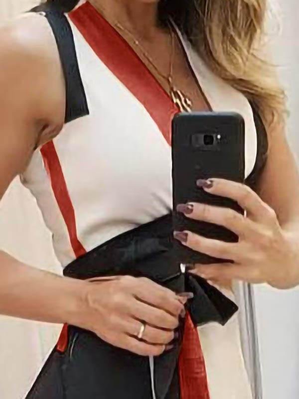 Deep V-Neck Tank Geometric Color Block Sash Tie Asymmetric Ruffle Hem Midi Dress 8