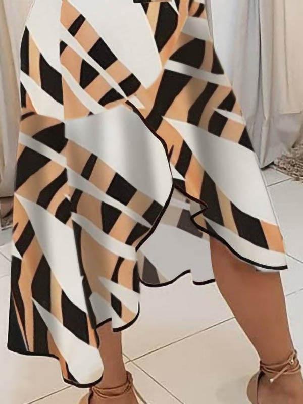 Deep V-Neck Tank Geometric Color Block Sash Tie Asymmetric Ruffle Hem Midi Dress 12