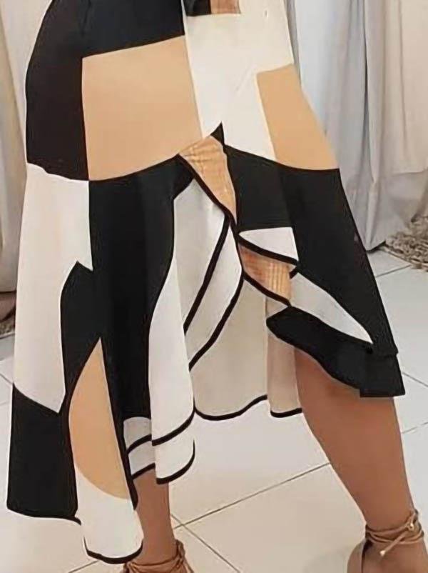 Deep V-Neck Tank Geometric Color Block Sash Tie Asymmetric Ruffle Hem Midi Dress 3