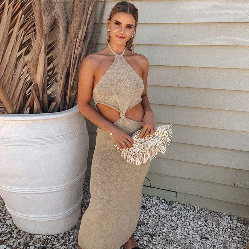 Halter Twist Front Side Cutout Rib Knit Bodycon Midi Dress 3