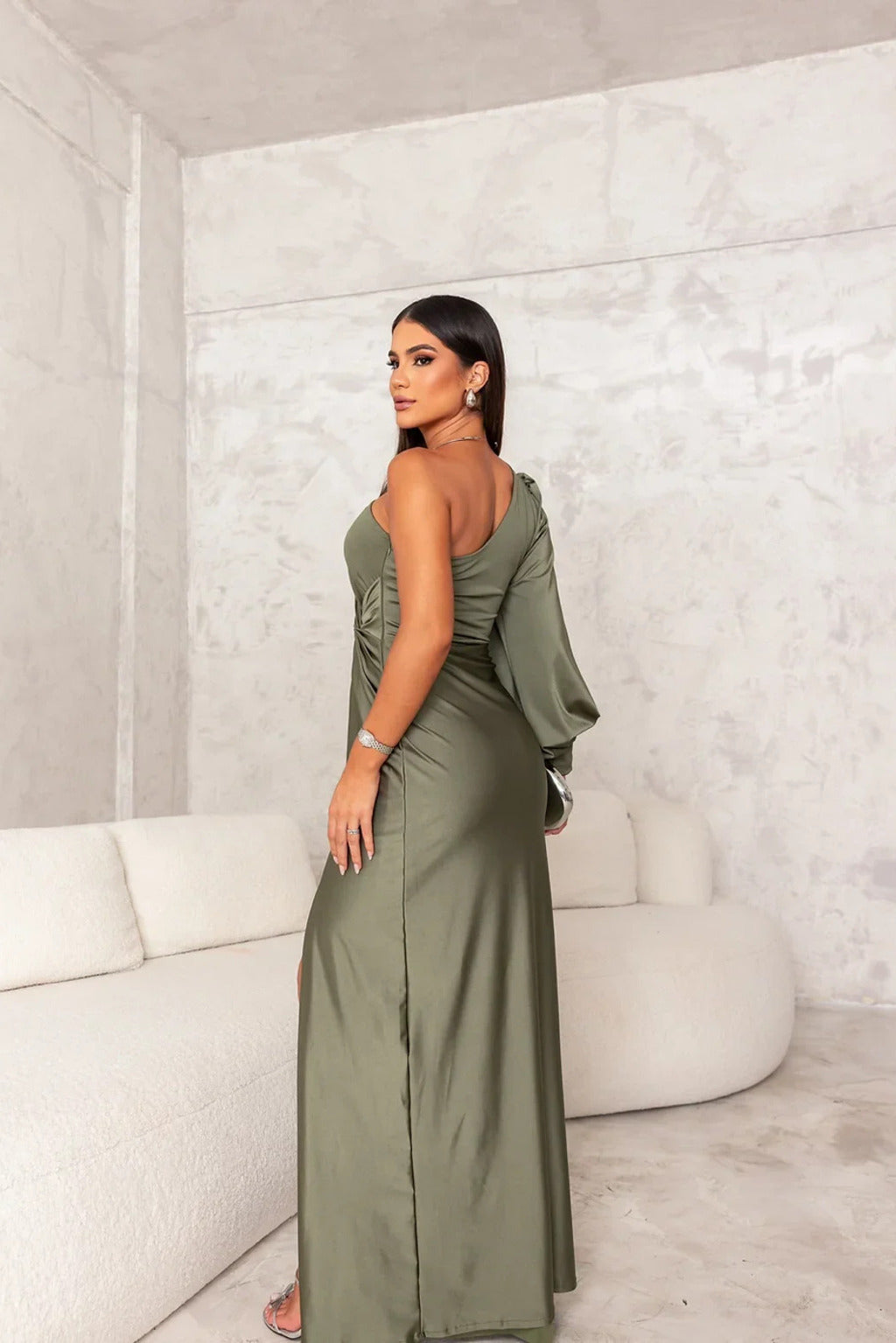 One Shoulder Draped Sleeve Ruched Waist High Slit Satin Maxi Dress 6