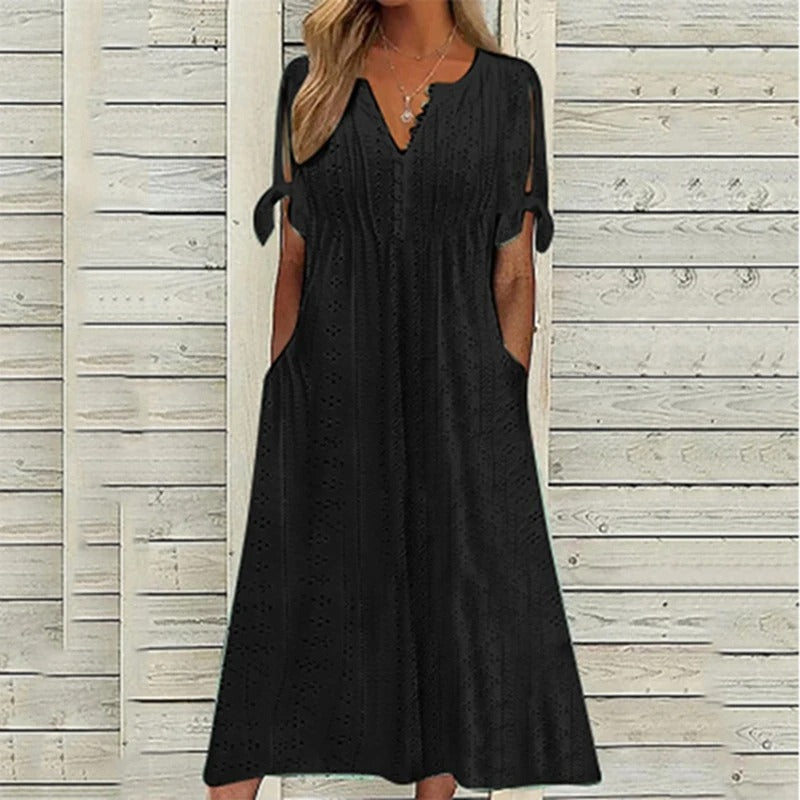 Eyelet Broderie V-Neck Tie Sleeve Empire Waist Pocket Midi Dress 2