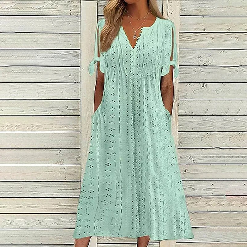 Eyelet Broderie V-Neck Tie Sleeve Empire Waist Pocket Midi Dress