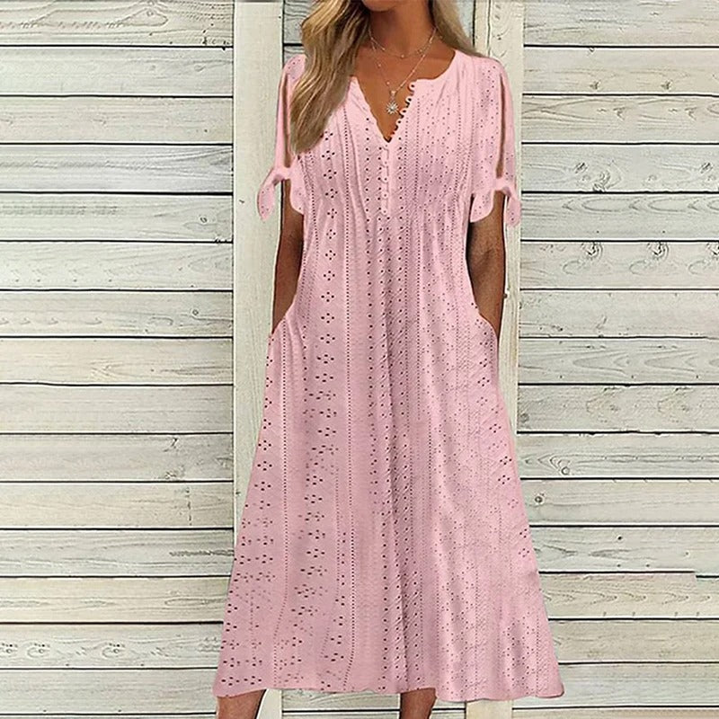 Eyelet Broderie V-Neck Tie Sleeve Empire Waist Pocket Midi Dress 4