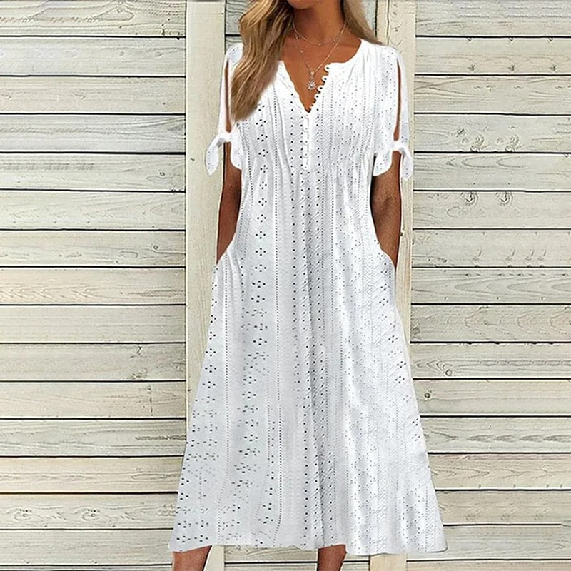 Eyelet Broderie V-Neck Tie Sleeve Empire Waist Pocket Midi Dress 5