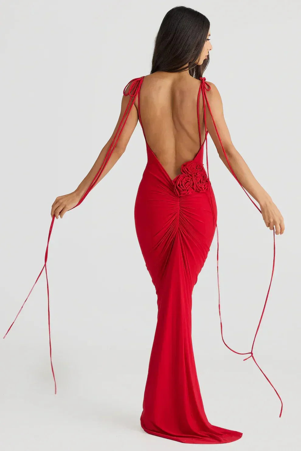 Backless Knot Draped Satin Maxi Gown 2