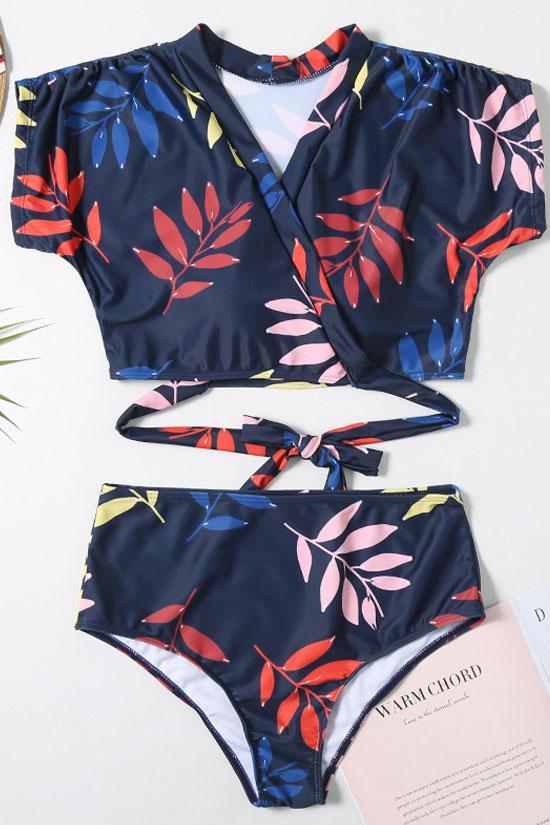 Versatile Abstract Leaf High Waist Bikini Swimsuit - Two Piece Set