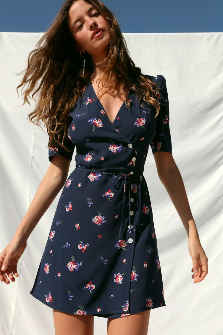 Floral Print V-Neck Wrap Tie-Waist Button Side Puff Sleeve Mini Dress