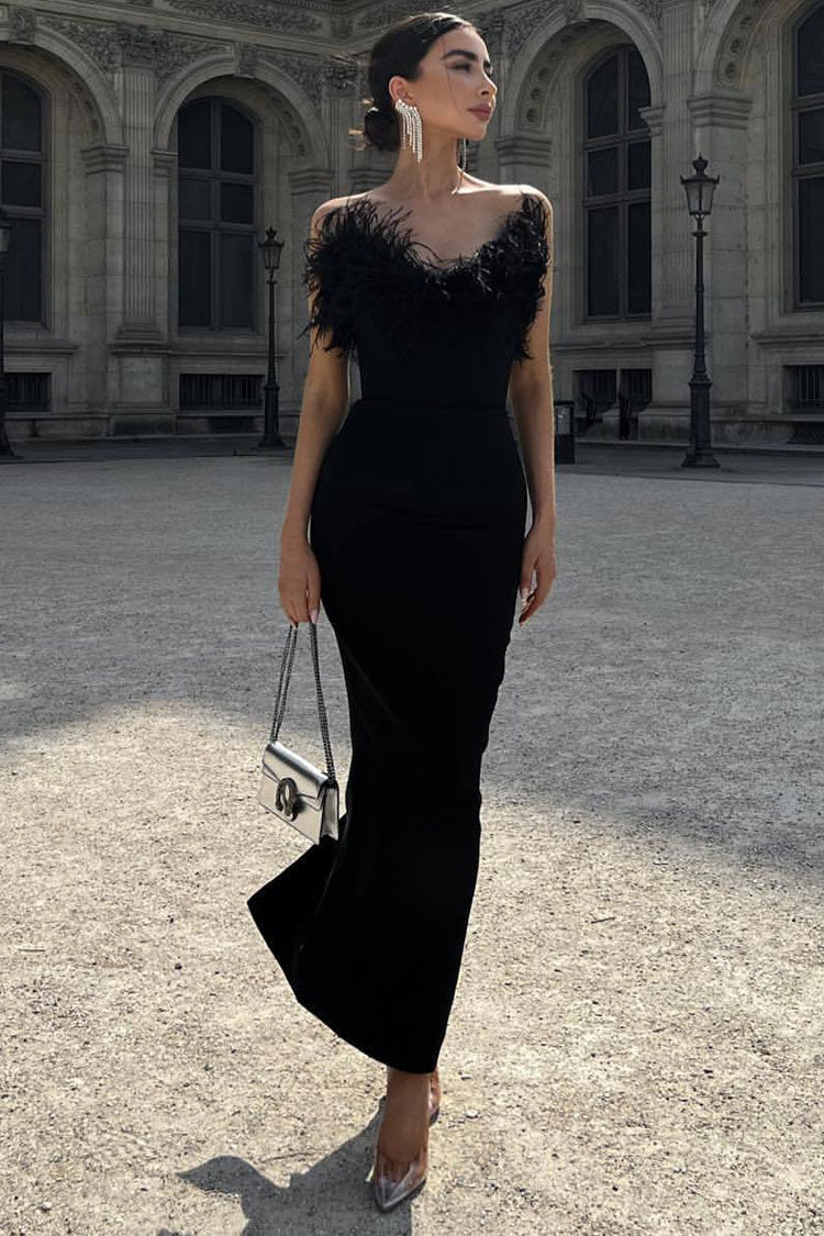Feather Trim Off Shoulder Strapless Mermaid Maxi Gown