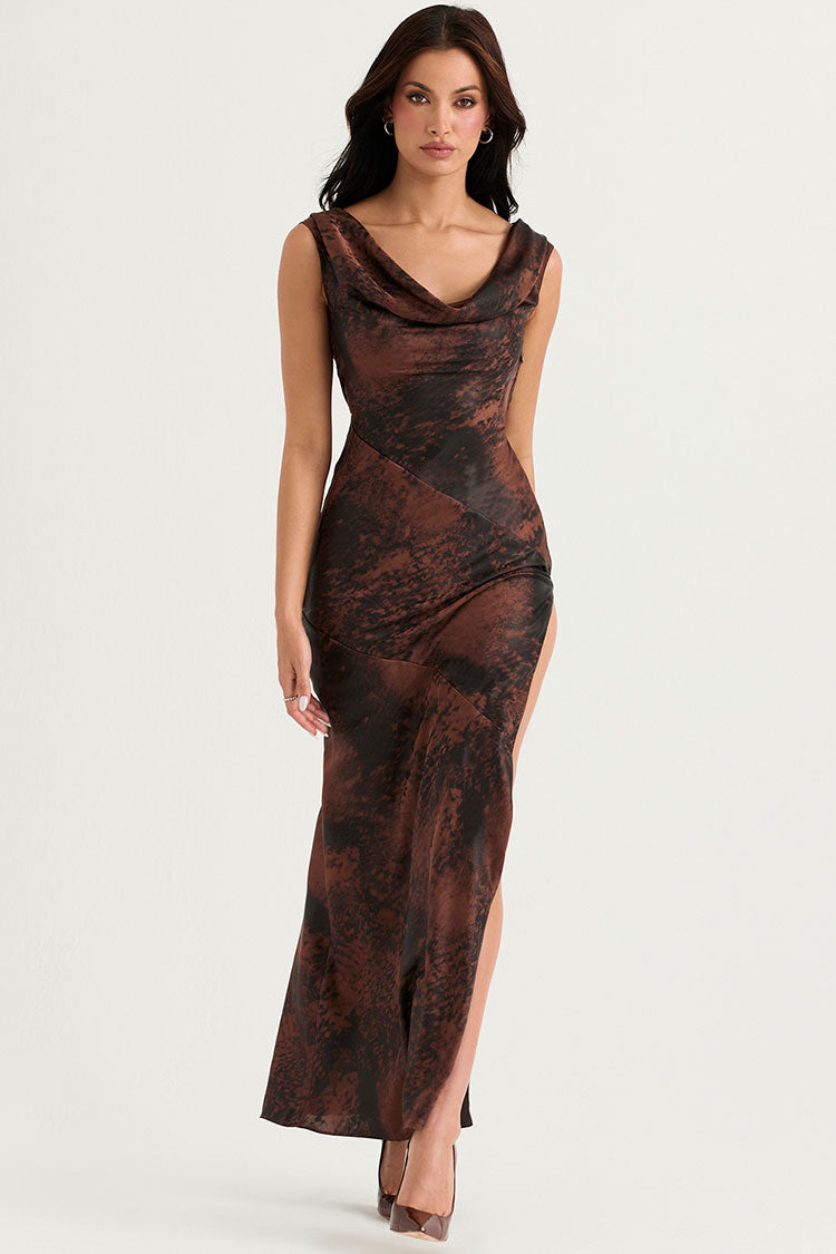 Abstract Marble Print Cowl Neck High Slit Satin Maxi Dress