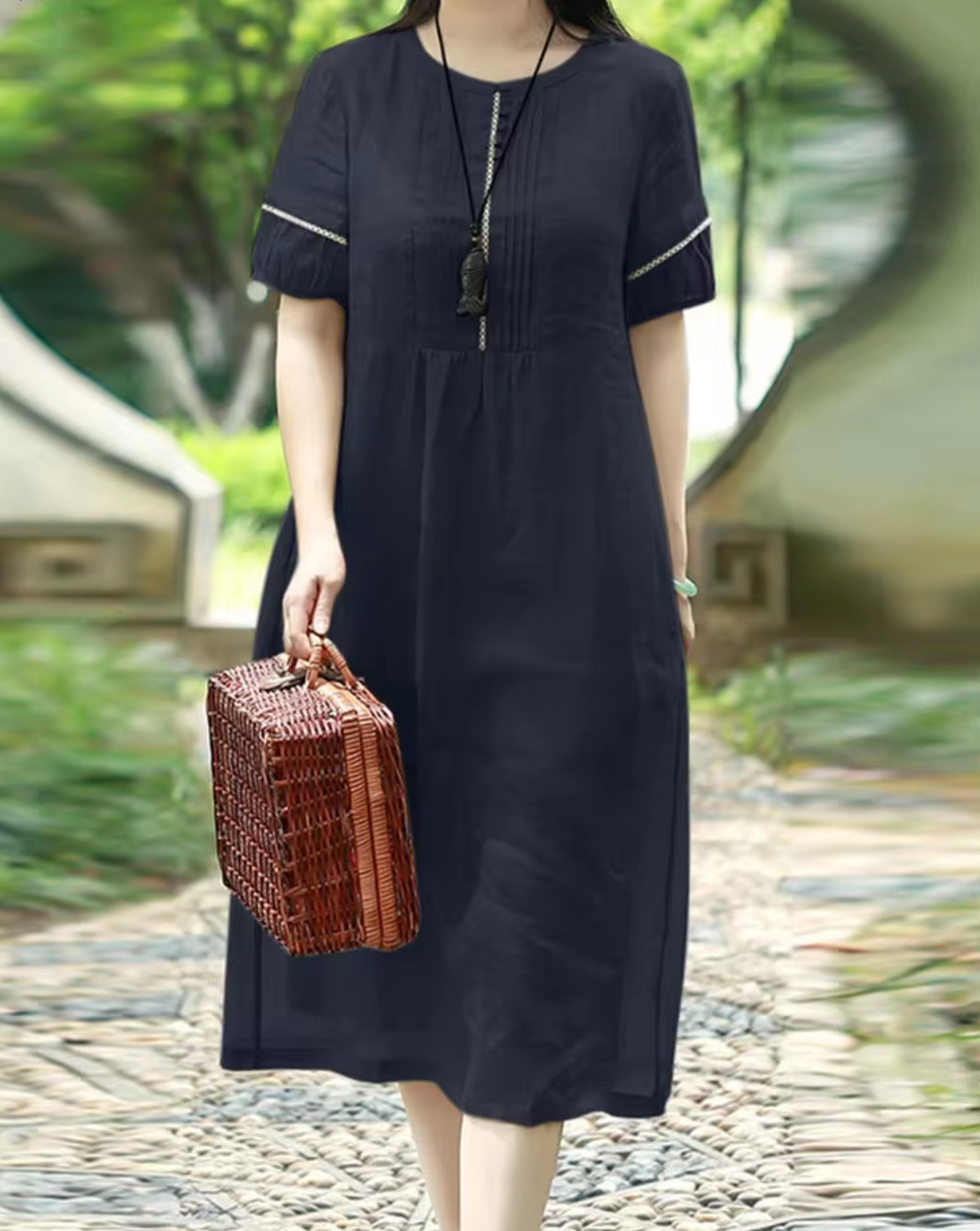 Linen Look Pintuck Embroidered Trim Round Neck Empire Midi Dress 2
