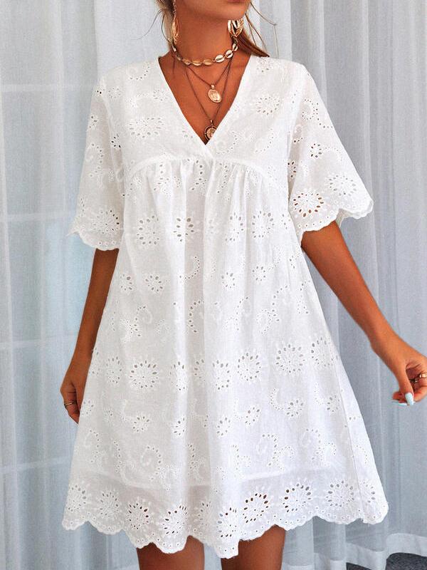 Eyelet Lace Scalloped Deep V-Neck Empire Waist Babydoll Mini Dress 2