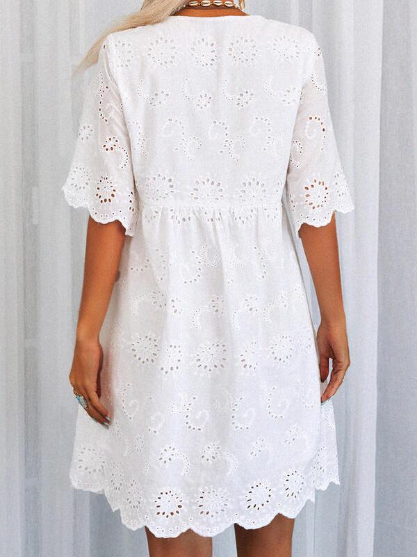 Eyelet Lace Scalloped Deep V-Neck Empire Waist Babydoll Mini Dress 3