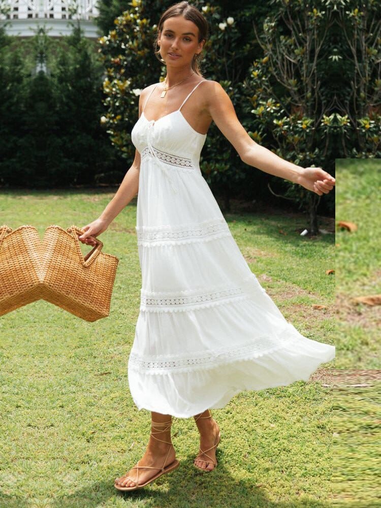 Crochet Trim Tie Front Empire Waist Tiered Spaghetti Strap Maxi Dress 2
