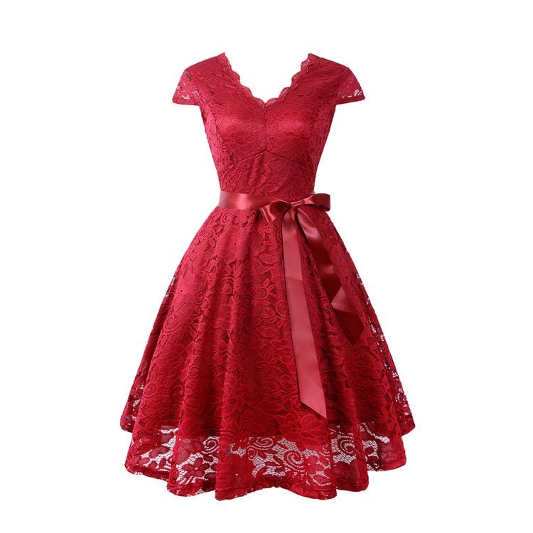 Floral Lace V-Neck Cap Sleeve Satin Sash Tie Fit-and-Flare Midi Dress 3