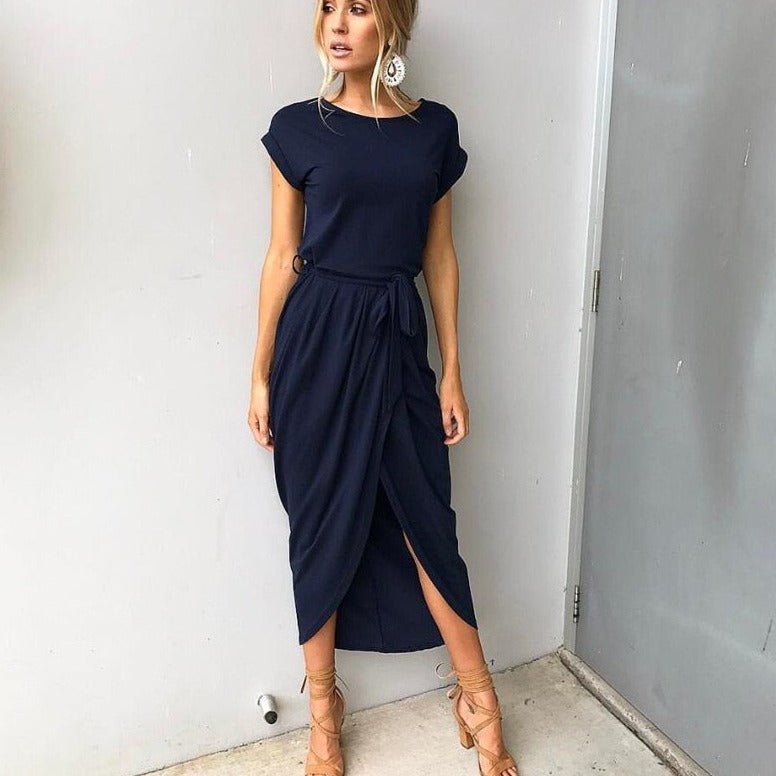 Round Neck Tie-Waist Faux-Wrap High Slit Short Sleeve Maxi Dress 5