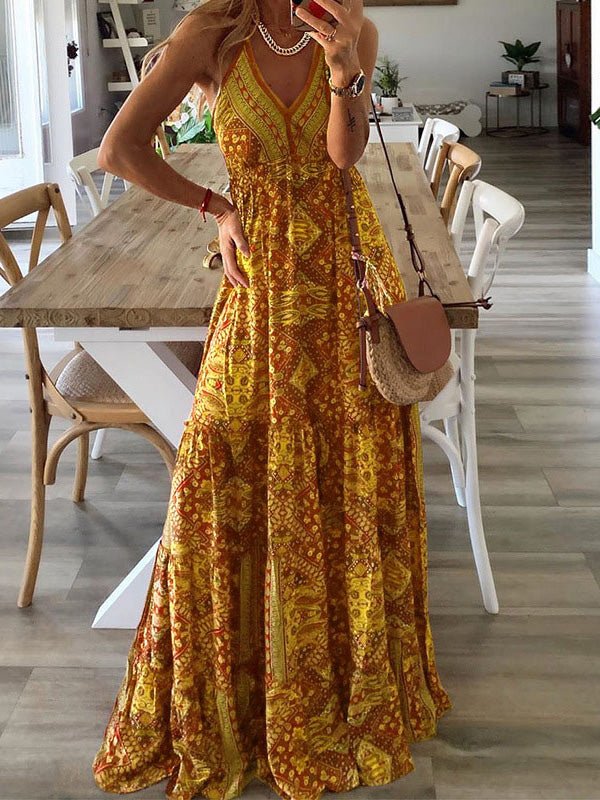 Bohemian Print Halter Neck Deep V-Neck Tiered Maxi Dress 4