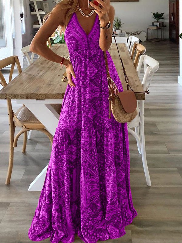 Bohemian Print Halter Neck Deep V-Neck Tiered Maxi Dress 6