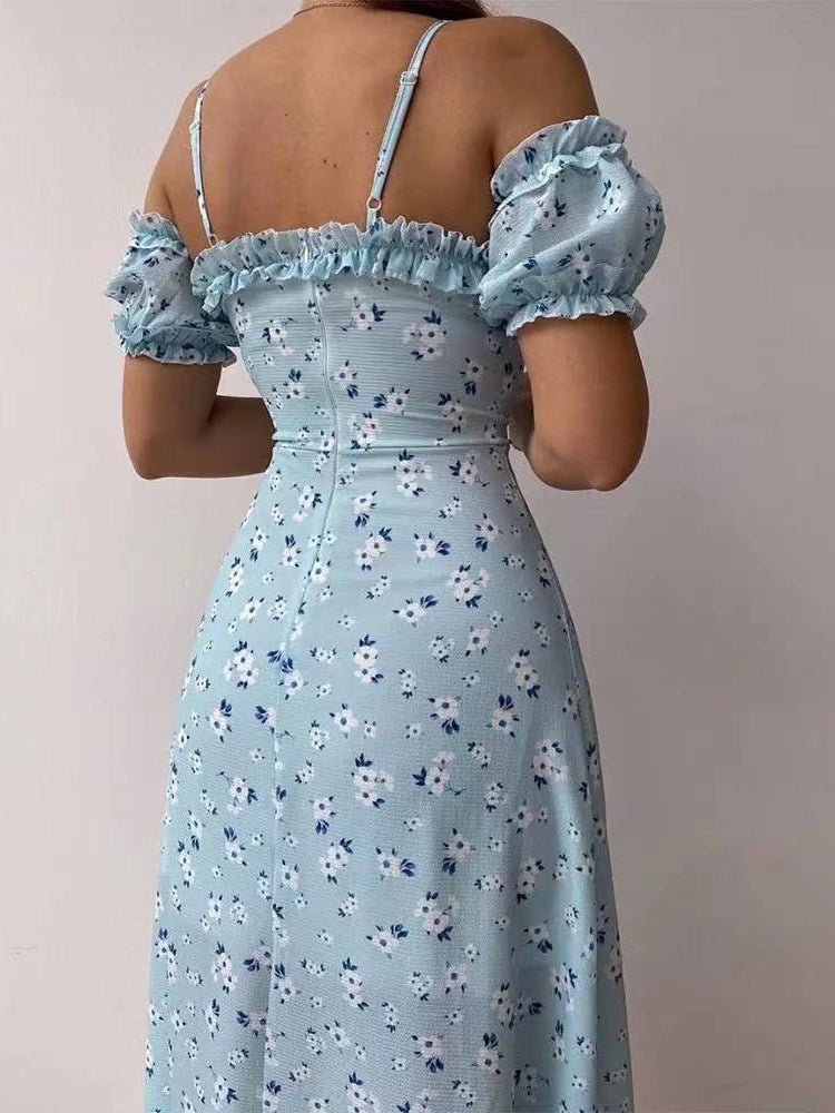 Ditsy Floral Ruffle Trim Sweetheart Off-Shoulder Puff Sleeve High Slit Midi Dress 5