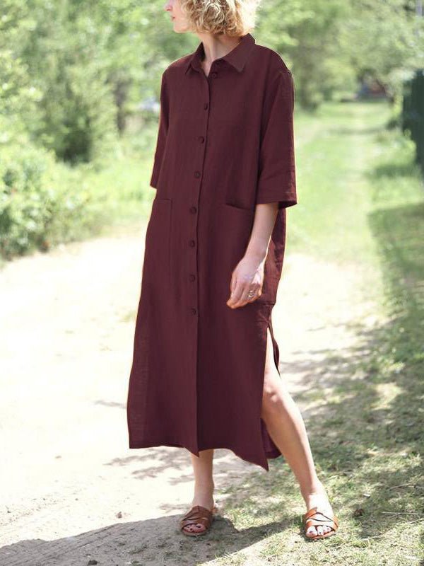 Collared Short Sleeve Roll Cuff Button Front Patch Pocket Longline Shirt Dress 6