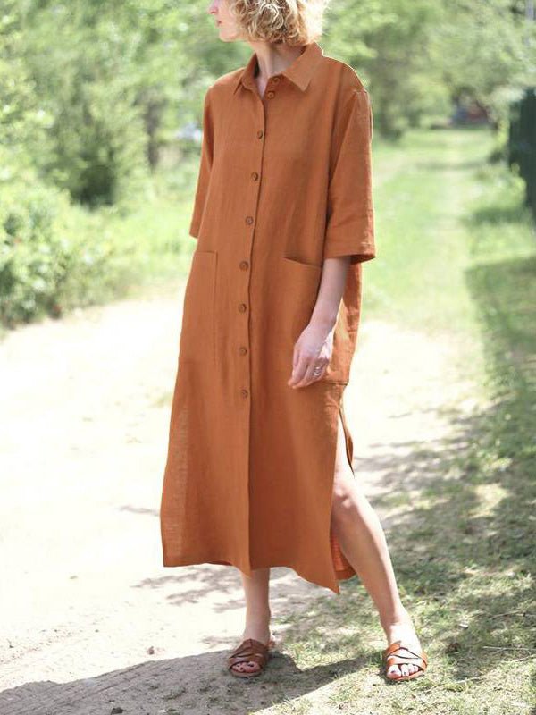 Collared Short Sleeve Roll Cuff Button Front Patch Pocket Longline Shirt Dress 5