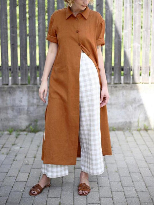 Collared Short Sleeve Roll Cuff Button Front Patch Pocket Longline Shirt Dress 3