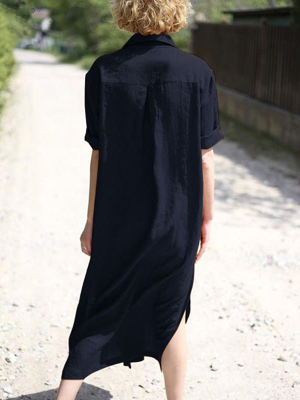 Collared Short Sleeve Roll Cuff Button Front Patch Pocket Longline Shirt Dress 8