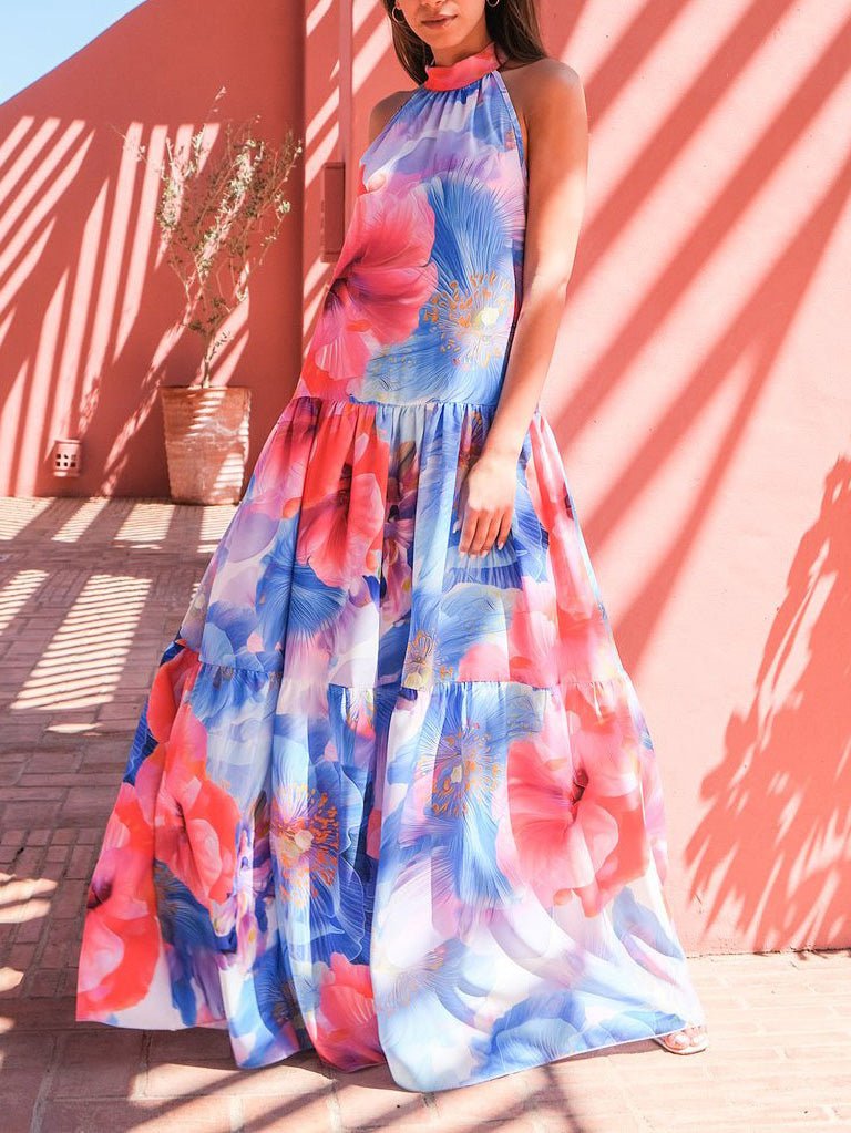 Abstract Floral Print Halter Neck Tie Waist Tiered Maxi Dress 2