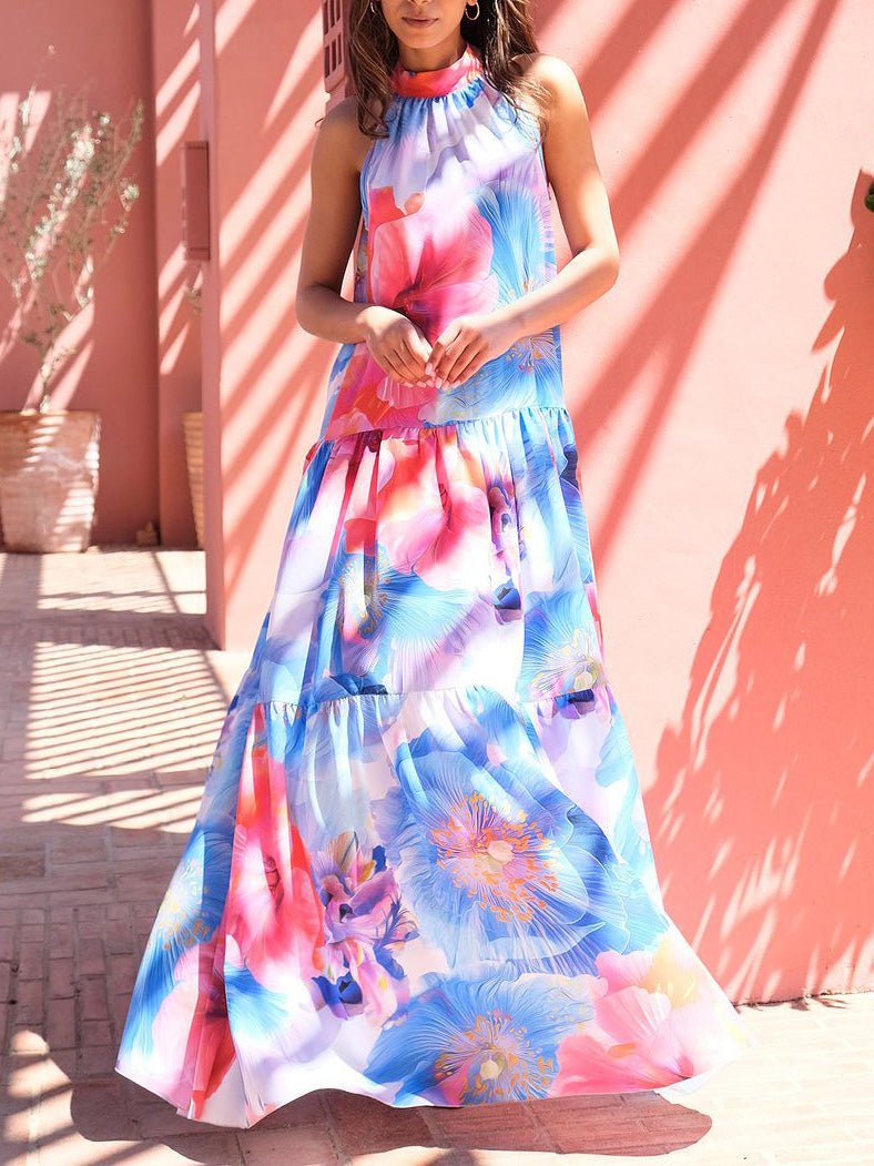 Abstract Floral Print Halter Neck Tie Waist Tiered Maxi Dress 4