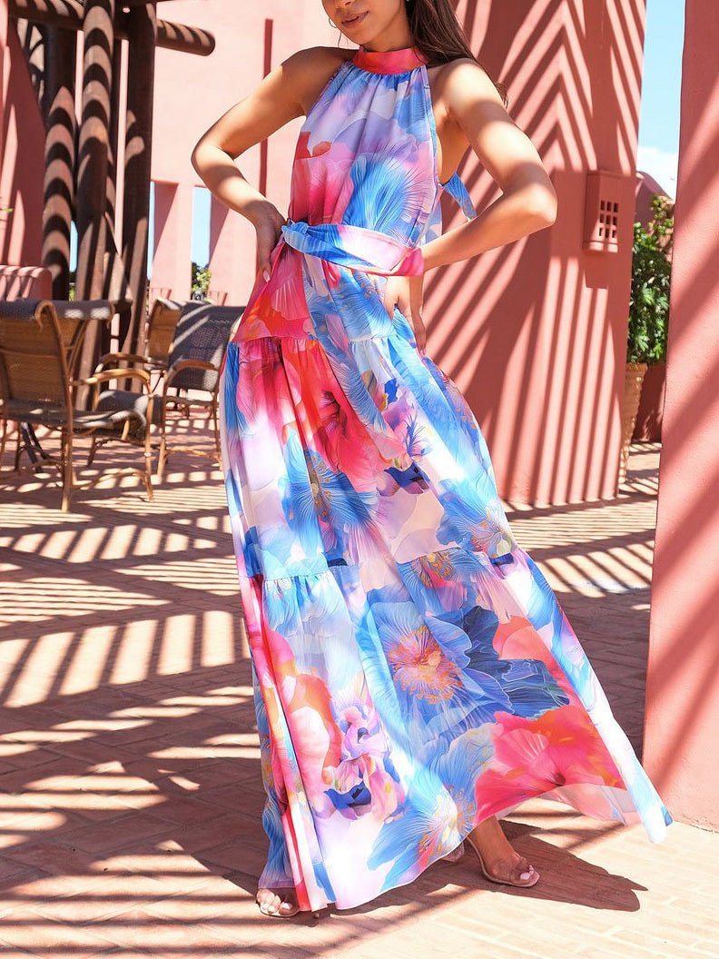 Abstract Floral Print Halter Neck Tie Waist Tiered Maxi Dress 3