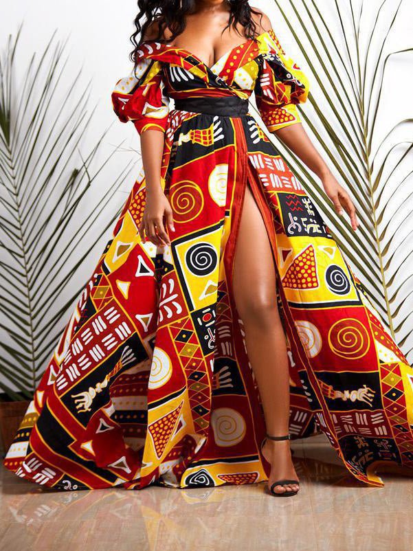 Dresses Multicolor Printed Backless High Slit Dress
