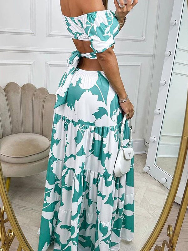 Off Shoulder Puff Sleeve Waist Cutout Tiered Abstract Floral Print Maxi Dress 3