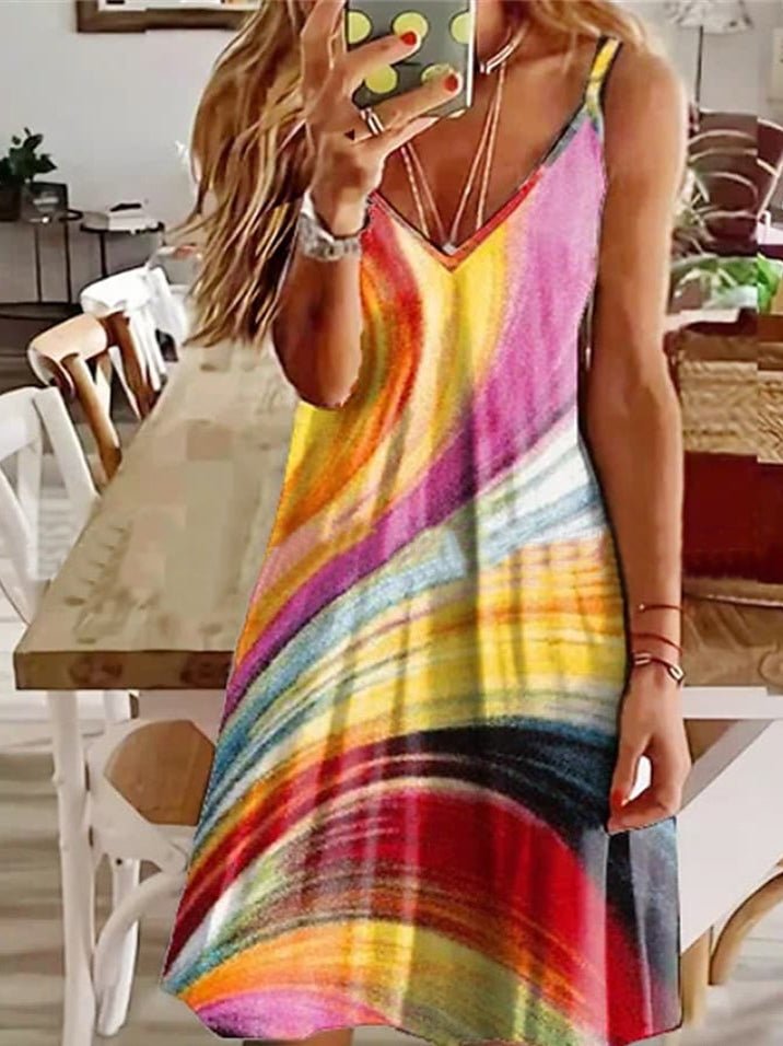 Patchwork Floral Print Spaghetti Strap Deep V A-Line Mini Dress 3