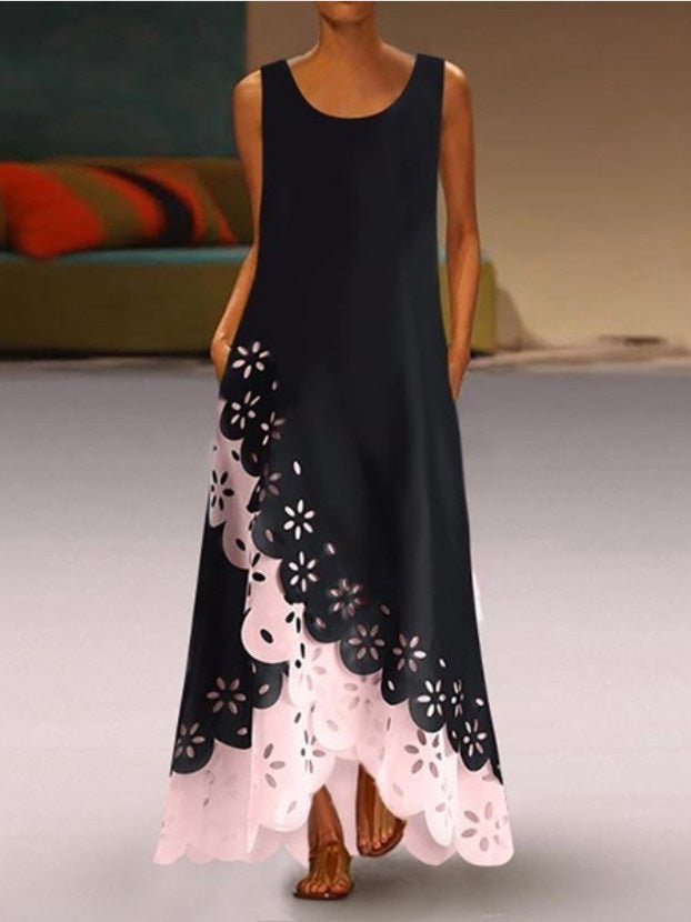 Laser Cut Floral Eyelet Scalloped Hem Asymmetric Layered Sleeveless Maxi Dress 2