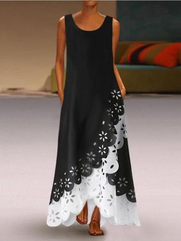 Laser Cut Floral Eyelet Scalloped Hem Asymmetric Layered Sleeveless Maxi Dress