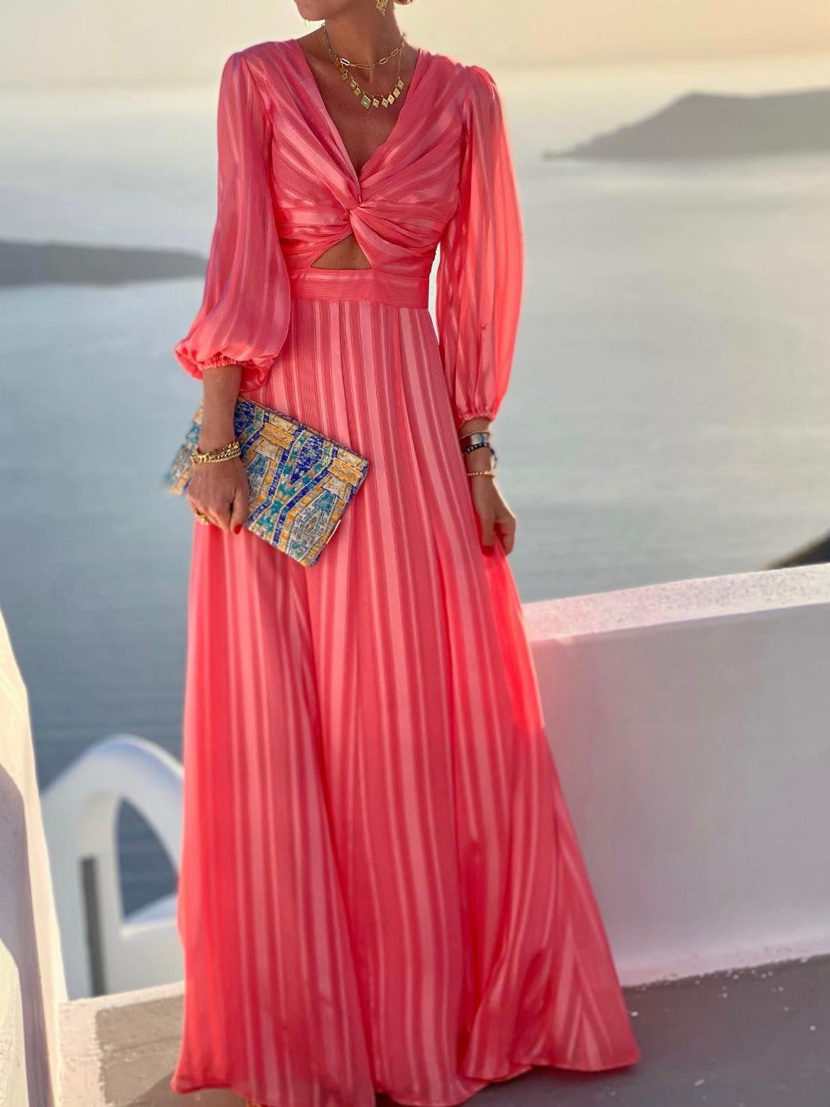 Dresses Striped Print Hollow Puff Sleeve Dress