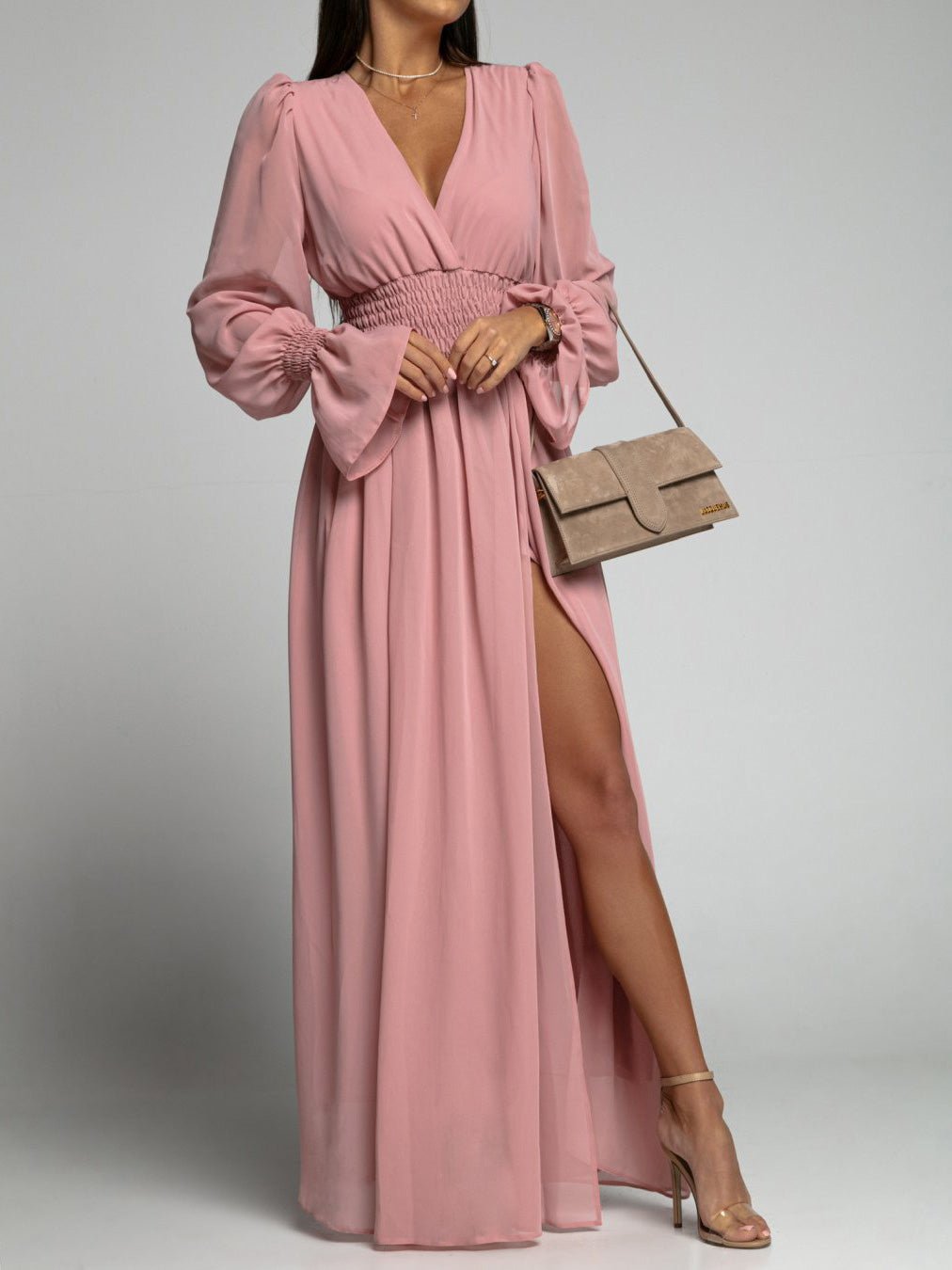 Dresses Neck Elastic Waist Long Sleeve Slit Dress 2